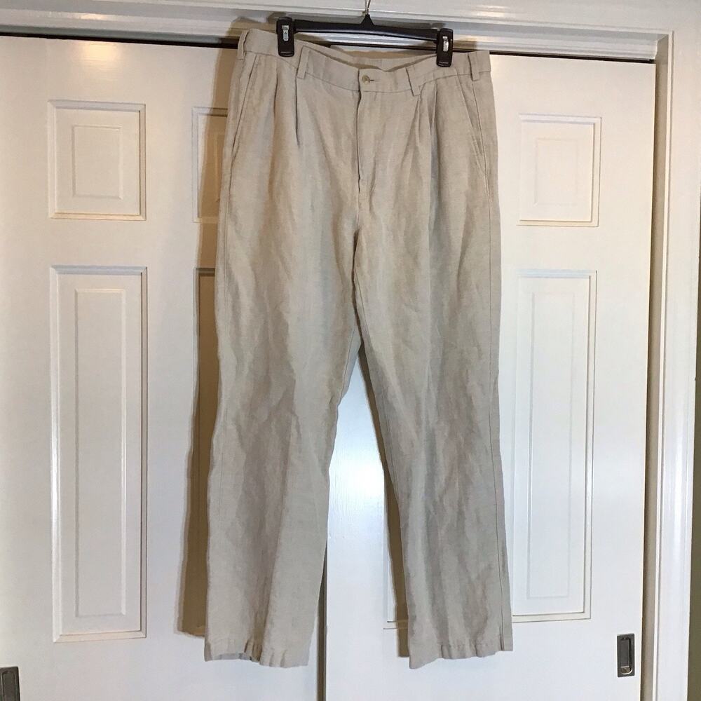 Caribbean Pants Linen Blend Mens 36x32 Beige Straight Leg Coastal Beach Vacation